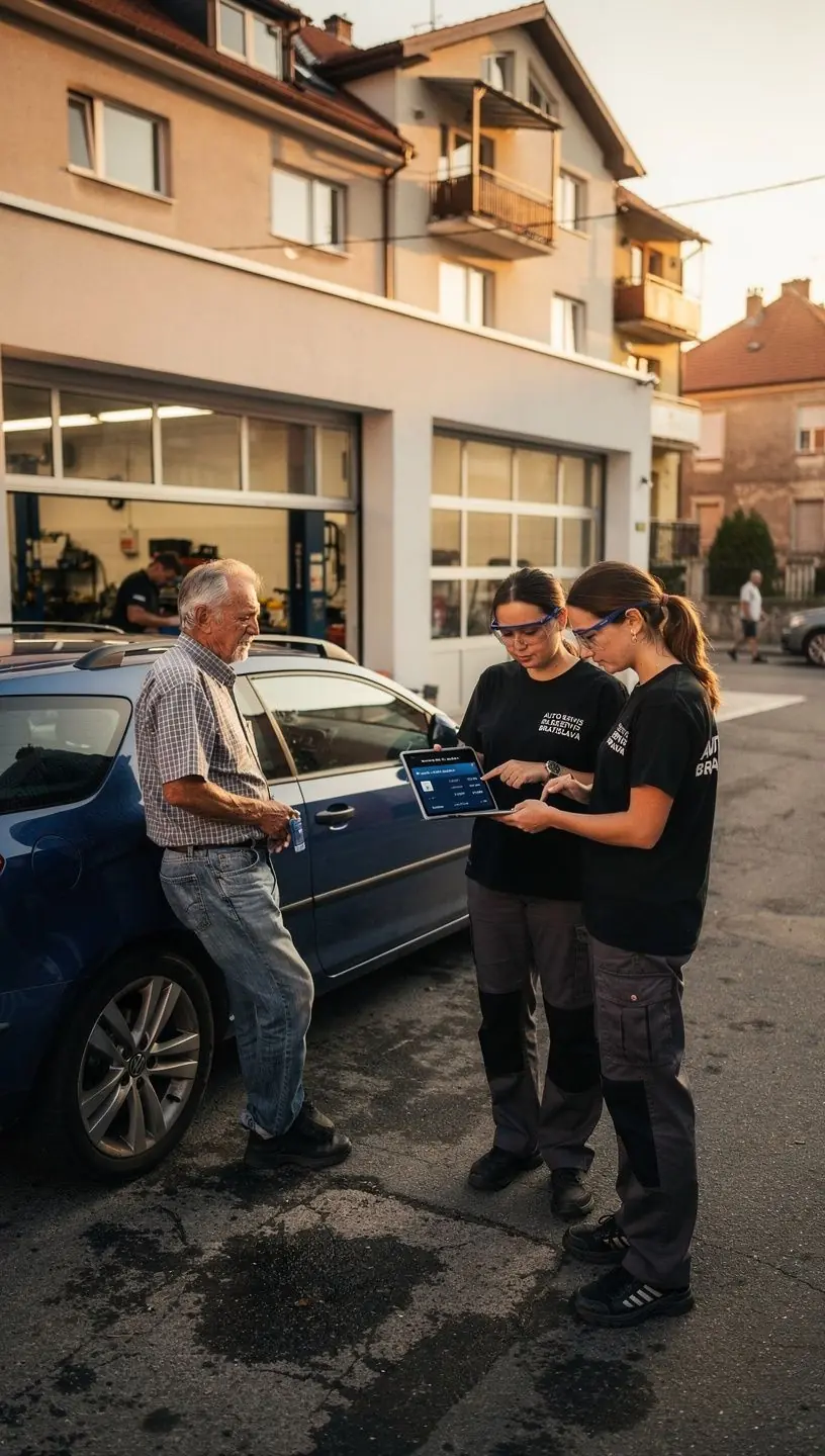 Zákazník preberá hotové vozidlo po oprave v nezávislom autoservise.